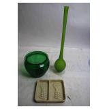 Set of 2 Green Vases and Ceramic Tray with Leaf Design