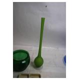 Set of 2 Green Vases and Ceramic Tray with Leaf Design