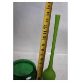 Set of 2 Green Vases and Ceramic Tray with Leaf Design