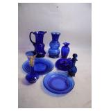 Set of 8 Cobalt Blue Glassware Pieces with Vases and Plates