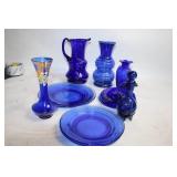 Set of 8 Cobalt Blue Glassware Pieces with Vases and Plates