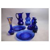 Set of 8 Cobalt Blue Glassware Pieces with Vases and Plates