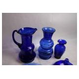 Set of 8 Cobalt Blue Glassware Pieces with Vases and Plates