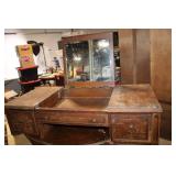 Antique Wooden Vanity Desk with Mirror and Drawers