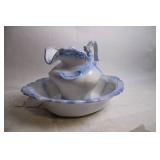 Vintage Blue and White Ceramic Pitcher with Wash Basin