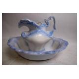 Vintage Blue and White Ceramic Pitcher with Wash Basin