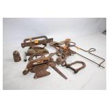 Collection of Vintage Rusted Cast Iron Parts and Tools