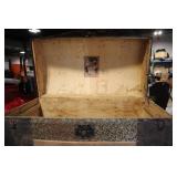 Antique Wooden and Metal Steamer Trunk with Decorative Lining