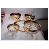 Set of Glass Serving Bowls and Platter with Gold Accents
