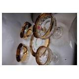 Set of Glass Serving Bowls and Platter with Gold Accents