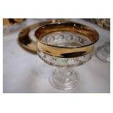 Set of Glass Serving Bowls and Platter with Gold Accents
