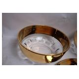 Set of Glass Serving Bowls and Platter with Gold Accents