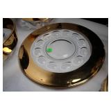 Set of Glass Serving Bowls and Platter with Gold Accents