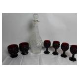 Vintage Cut Glass Decanter with 6 Ruby Red Glasses Set