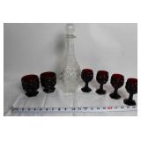Vintage Cut Glass Decanter with 6 Ruby Red Glasses Set