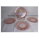 Cherry Blossom Pink Depression Glass Plate Set with Handled Tray