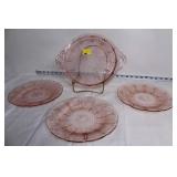 Cherry Blossom Pink Depression Glass Plate Set with Handled Tray