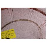 Cherry Blossom Pink Depression Glass Plate Set with Handled Tray
