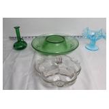 Set of Elegant Glassware: Green Centerpiece Bowl, Blue Compote, and Vase