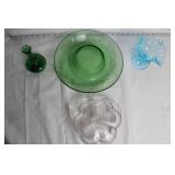 Set of Elegant Glassware: Green Centerpiece Bowl, Blue Compote, and Vase