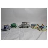 Vintage Tea Set with Hand Painted Cups and Floral Creamer & Sugar Set