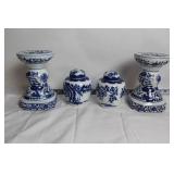 Set of 4 Blue and White Porcelain Candle Holders and Ginger Jars