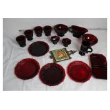 Collection of Ruby Red Glass Dinnerware and Decorative Tile