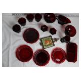 Collection of Ruby Red Glass Dinnerware and Decorative Tile