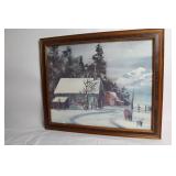 Framed Winter Landscape Painting with Wooden Frame