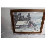 Framed Winter Landscape Painting with Wooden Frame