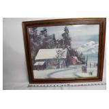 Framed Winter Landscape Painting with Wooden Frame