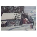 Framed Winter Landscape Painting with Wooden Frame