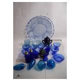 Collection of Blue Glass Serving Ware and Decor Items