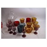 Set of Vintage Colored Glassware and Crystal Basket