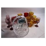 Set of Vintage Colored Glassware and Crystal Basket