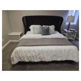 Black Velvet King Platform Bedframe Featuring Wingback with tufted details & Silver Tac