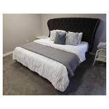 Black Velvet King Platform Bedframe Featuring Wingback with tufted details & Silver Tac