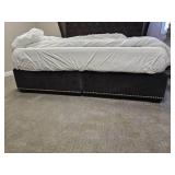 Black Velvet King Platform Bedframe Featuring Wingback with tufted details & Silver Tac