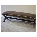 Farmhouse Trestle Bench with Distressed Leather Seat & Bronze Tac