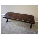 Farmhouse Trestle Bench with Distressed Leather Seat & Bronze Tac