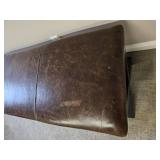 Farmhouse Trestle Bench with Distressed Leather Seat & Bronze Tac