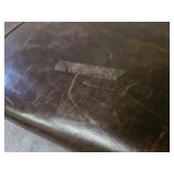 Farmhouse Trestle Bench with Distressed Leather Seat & Bronze Tac