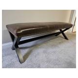 Farmhouse Trestle Bench with Distressed Leather Seat & Bronze Tac