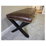Farmhouse Trestle Bench with Distressed Leather Seat & Bronze Tac