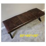 Farmhouse Trestle Bench with Distressed Leather Seat & Bronze Tac