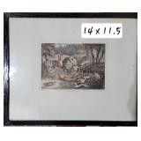 Framed Hand Tinted English Etching ~ Fox Hunting P 4 by Hewitt