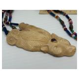 Beautiful LARGE Carved Bone Jeweled Jaguar / Owl / Eagle Pendant Necklace by Susan Tereba