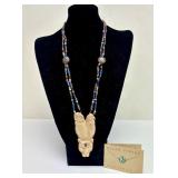 Beautiful LARGE Carved Bone Jeweled Jaguar / Owl / Eagle Pendant Necklace by Susan Tereba