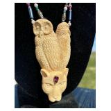 Beautiful LARGE Carved Bone Jeweled Jaguar / Owl / Eagle Pendant Necklace by Susan Tereba