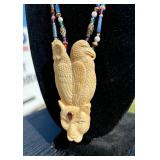 Beautiful LARGE Carved Bone Jeweled Jaguar / Owl / Eagle Pendant Necklace by Susan Tereba